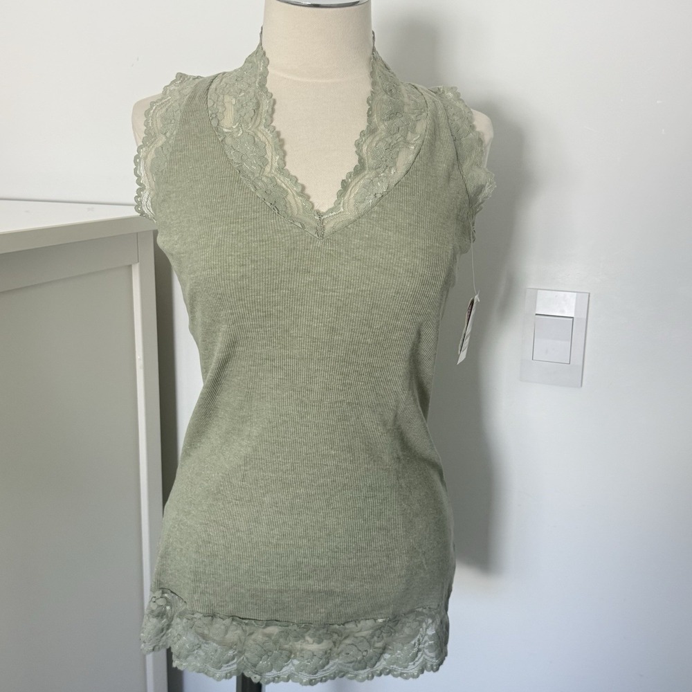 VTG Self Esteem Y2K Lace Trim Long Grunge Bella Elena Ribbed Tank Top Green L